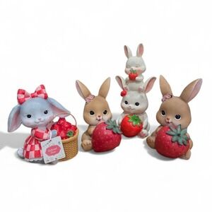Cottontail Lane Bunny Figurines 4pc Strawberry & Berry Basket Easter Resin Décor